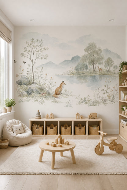 Watercolor Landscape Wallpaper Woodland Fox Wall Mural