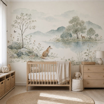 Watercolor Landscape Wallpaper Woodland Fox Wall Mural