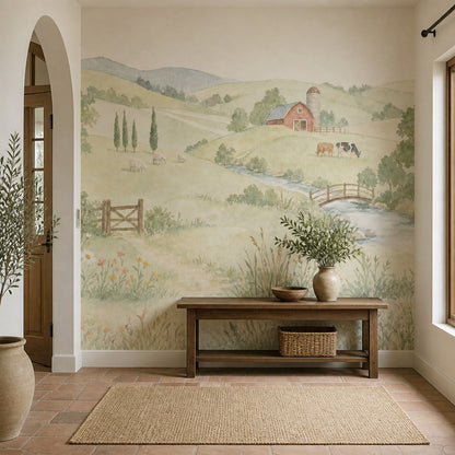 Watercolor Landscape Wallpaper Farmhouse Countryside Removable Rolling Hills Wall Decor