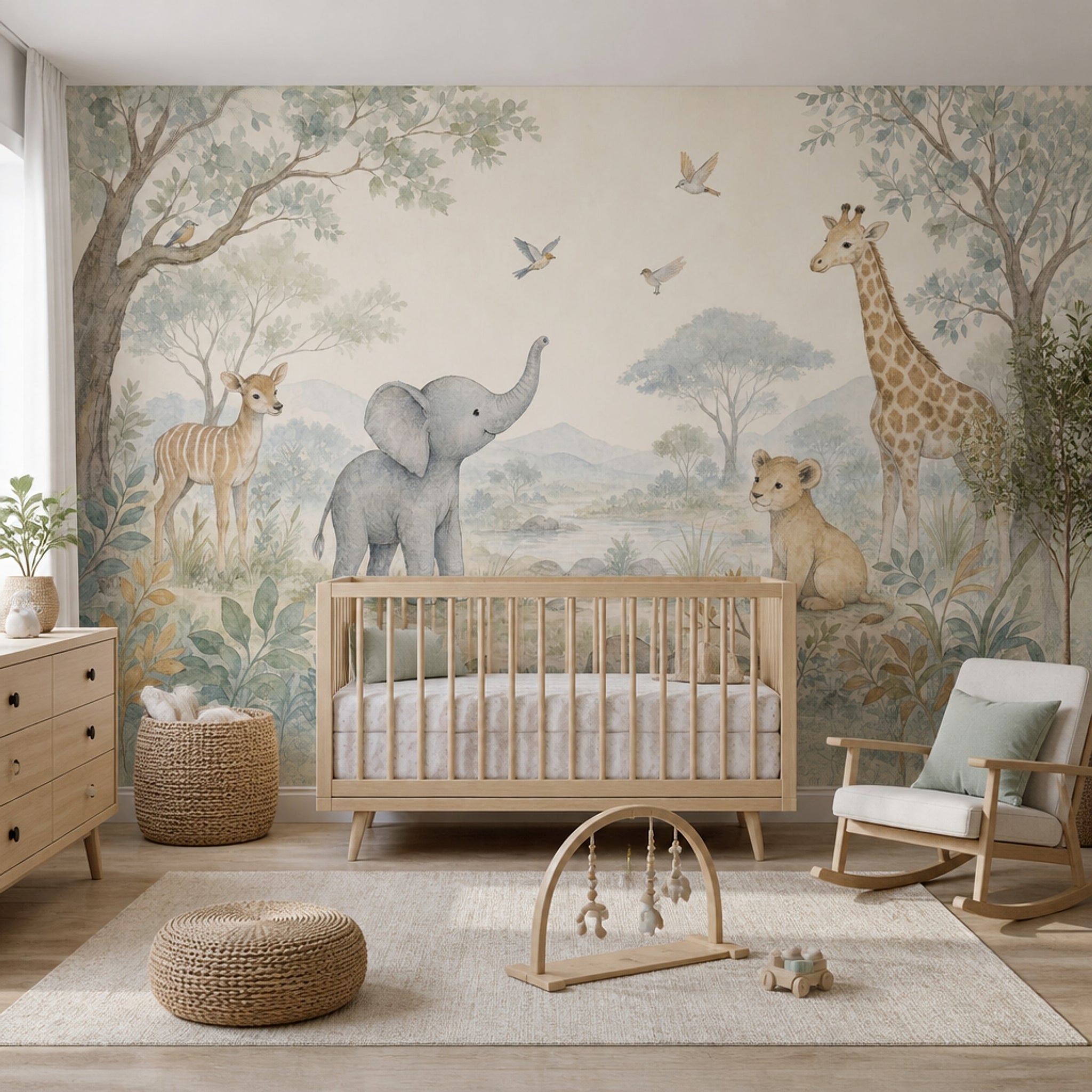 Watercolor Safari Wallpaper Nursery Animals Removable Giraffe Wall Decor