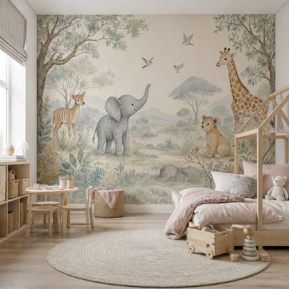 Watercolor Safari Wallpaper Nursery Animals Removable Giraffe Wall Decor