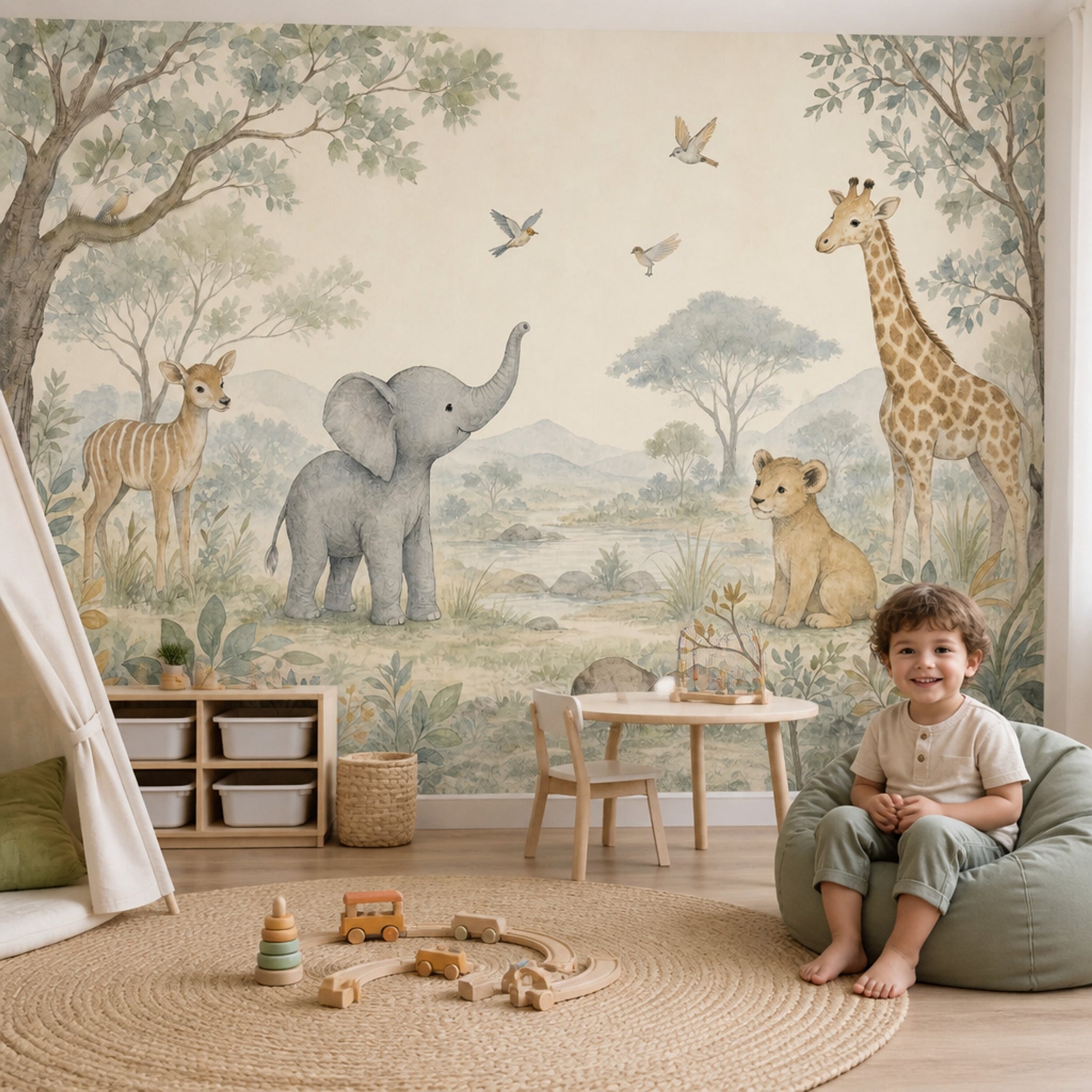 Watercolor Safari Wallpaper Nursery Animals Removable Giraffe Wall Decor