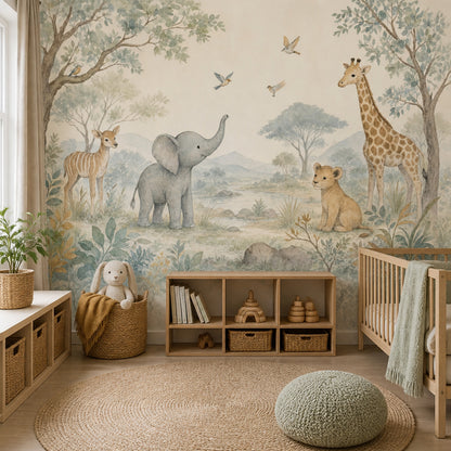 Watercolor Safari Wallpaper Nursery Animals Removable Giraffe Wall Decor