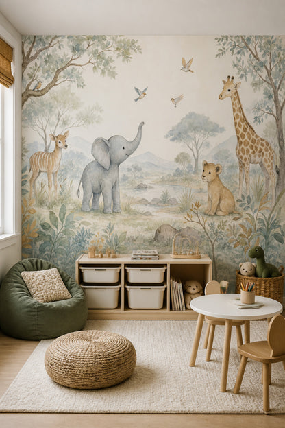 Watercolor Safari Wallpaper Nursery Animals Removable Giraffe Wall Decor