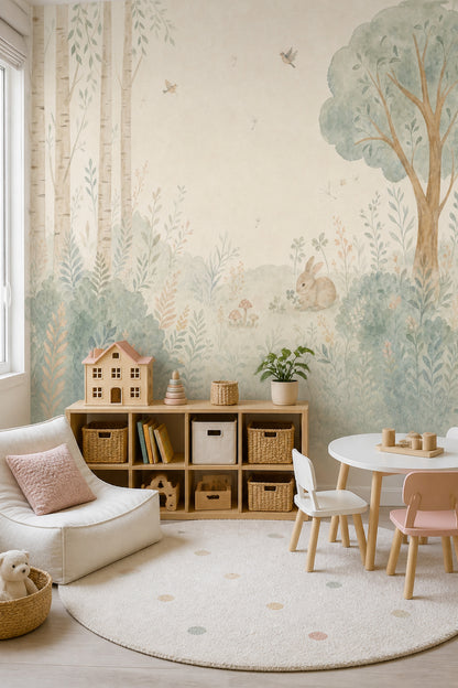 Watercolor Woodland Wallpaper Forest Landscape Rabbit Wall Mural
