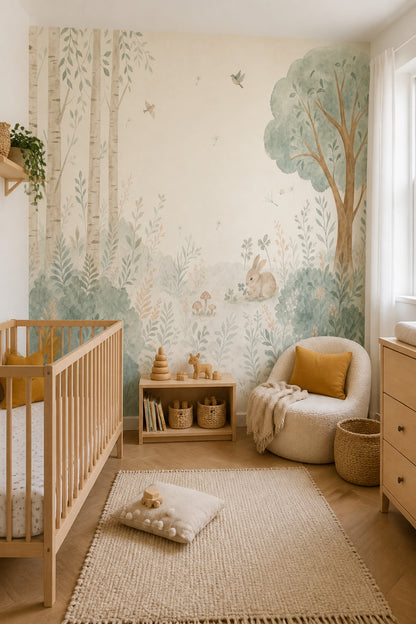 Watercolor Woodland Wallpaper Forest Landscape Rabbit Wall Mural