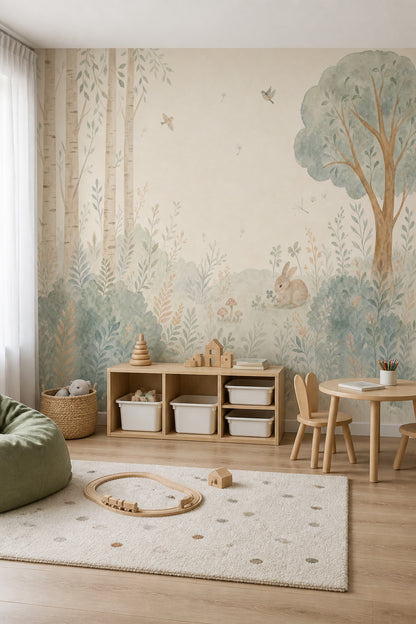 Watercolor Woodland Wallpaper Forest Landscape Rabbit Wall Mural