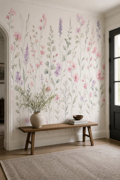 Wildflowers Wallpaper Watercolor Pastel Removable Wall Decor