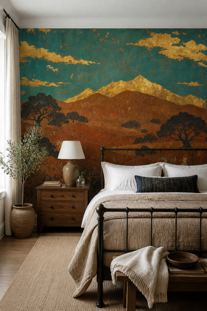 Vintage Mural Wallpaper Gold Leaf Teal Sky Wall Mural