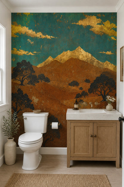 Vintage Mural Wallpaper Gold Leaf Teal Sky Wall Mural