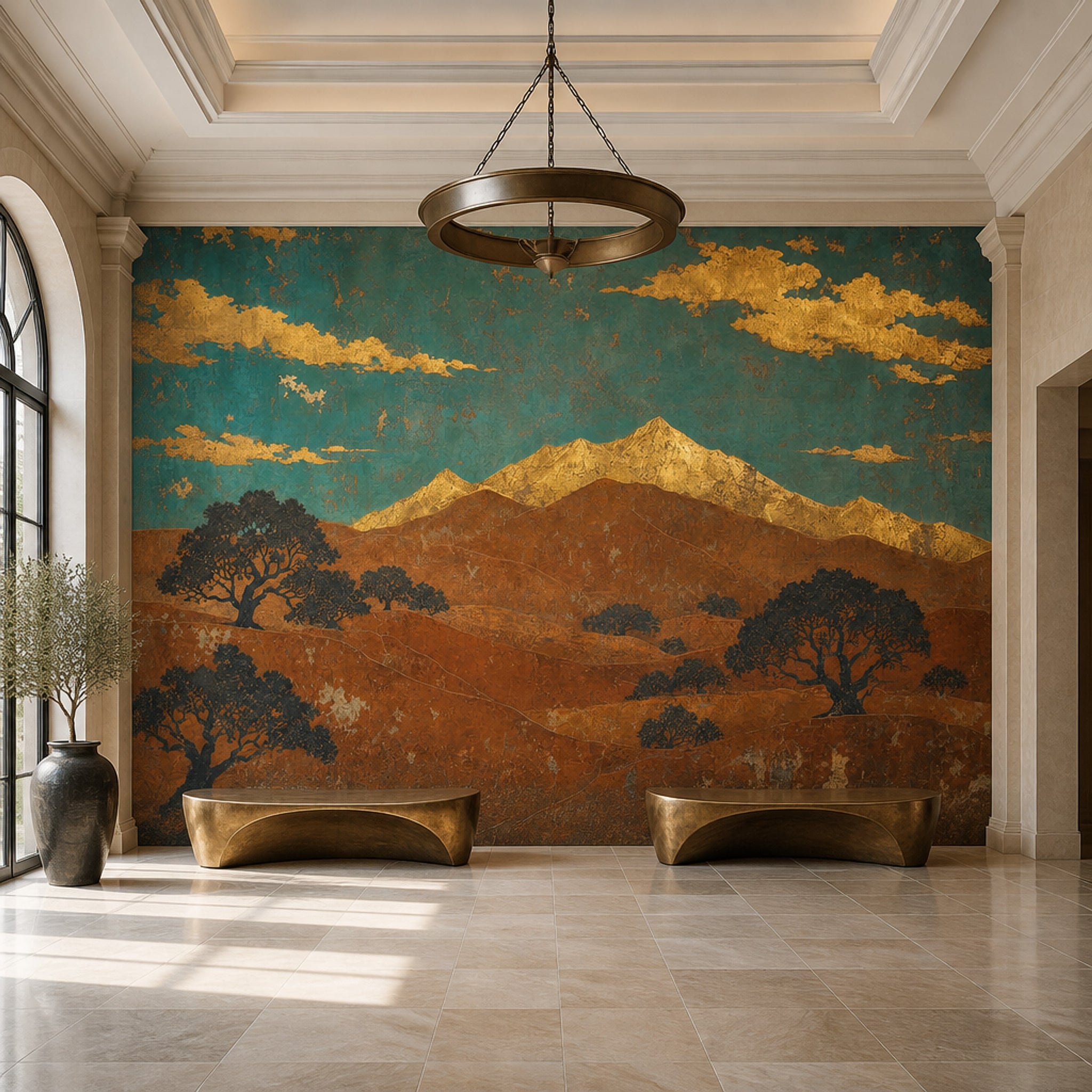 Vintage Mural Wallpaper Gold Leaf Teal Sky Wall Mural