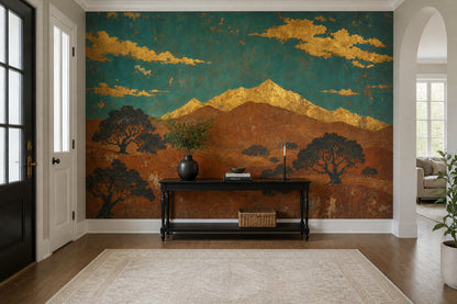Vintage Mural Wallpaper Gold Leaf Teal Sky Wall Mural