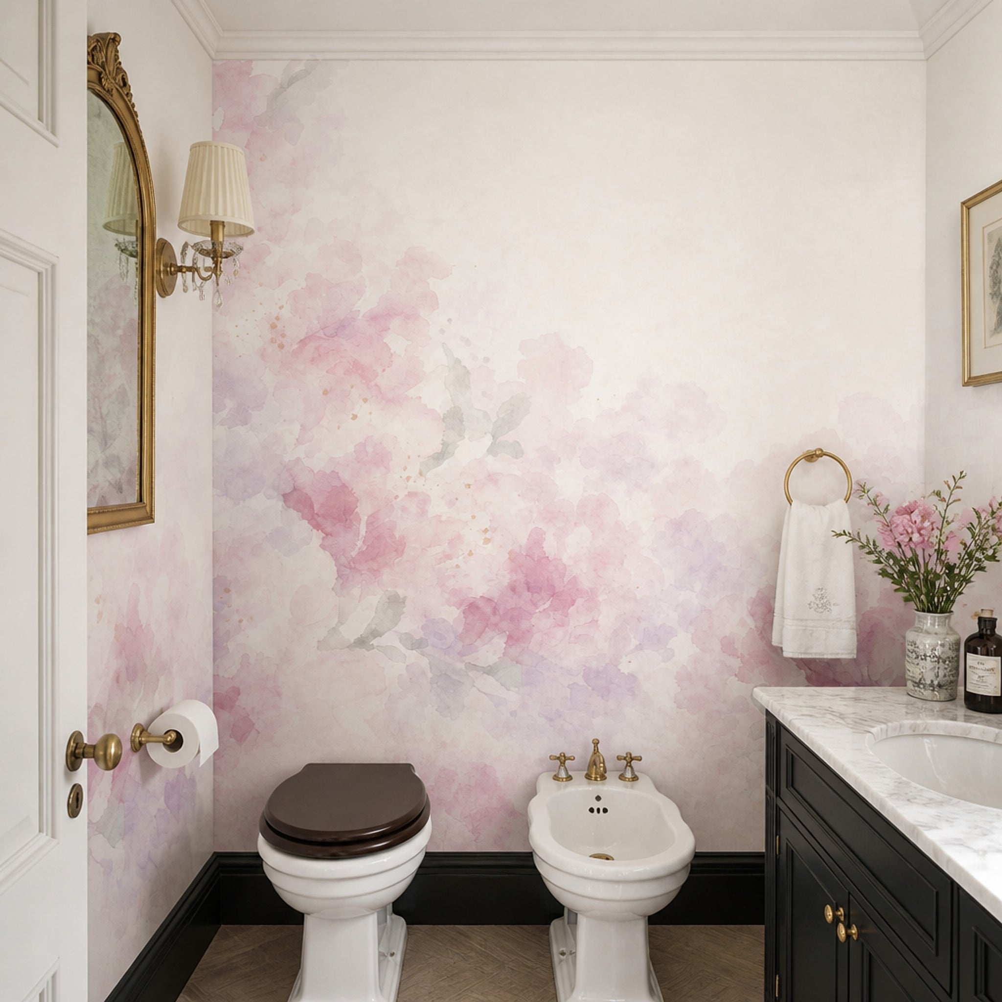 Watercolor Floral Wallpaper Pink Flowers Cream Background Wall Mural