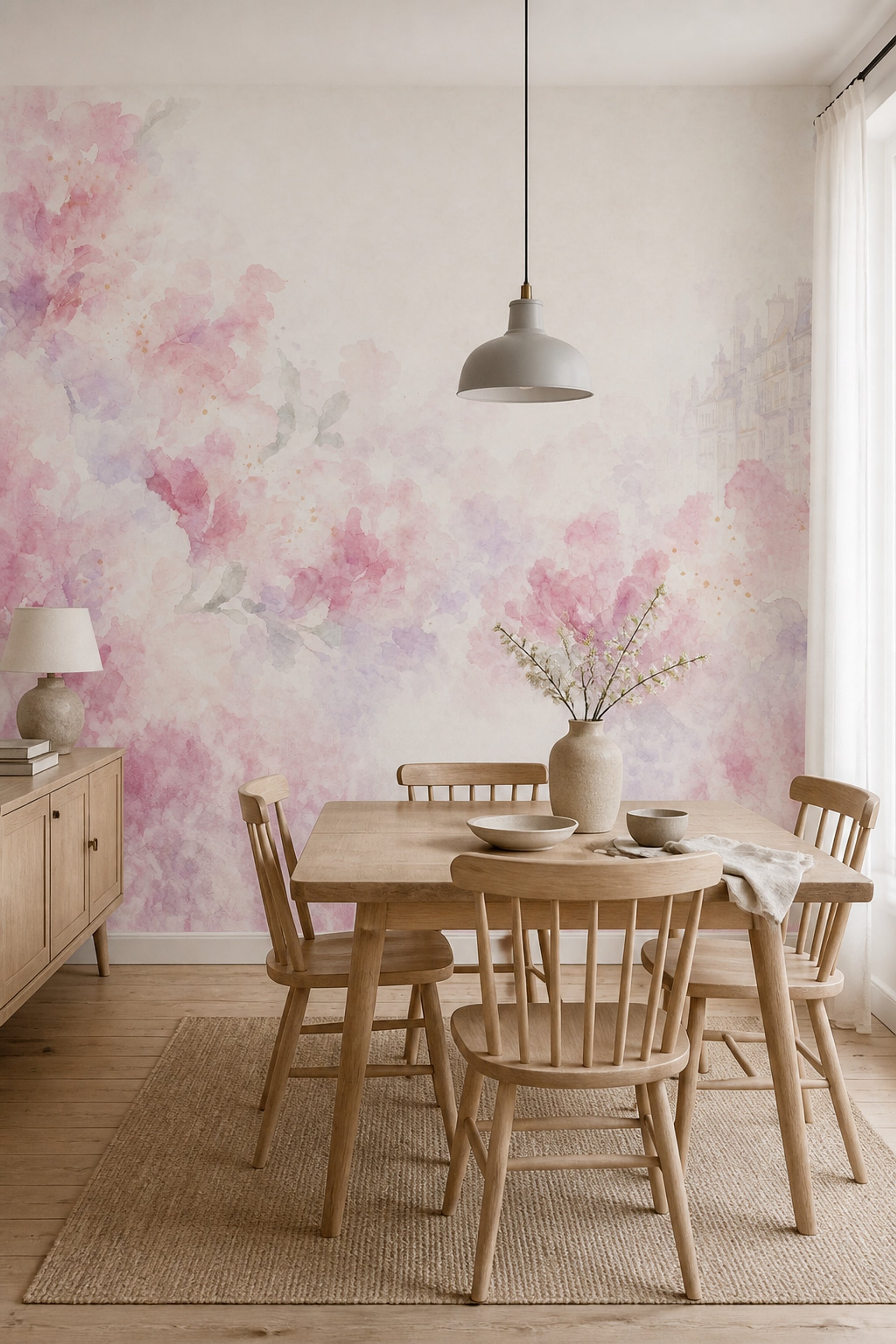 Watercolor Floral Wallpaper Pink Flowers Cream Background Wall Mural