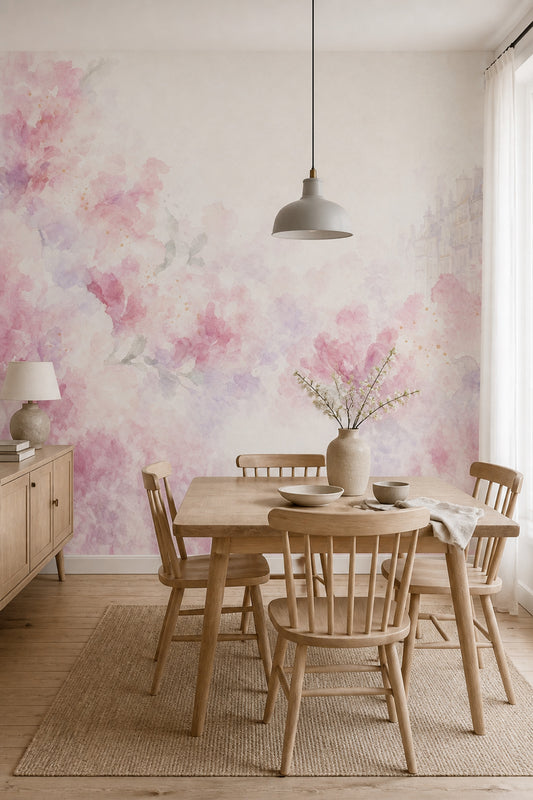 Watercolor Floral Wallpaper Pink Flowers Cream Background Wall Mural