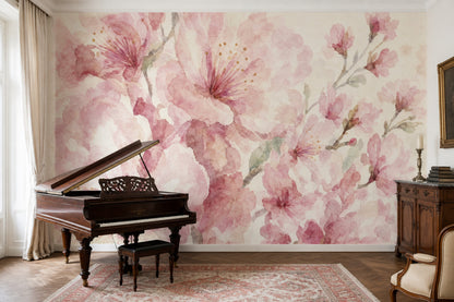 Watercolor Floral Wallpaper Pink Blossoms Cherry Blossom Wall Mural