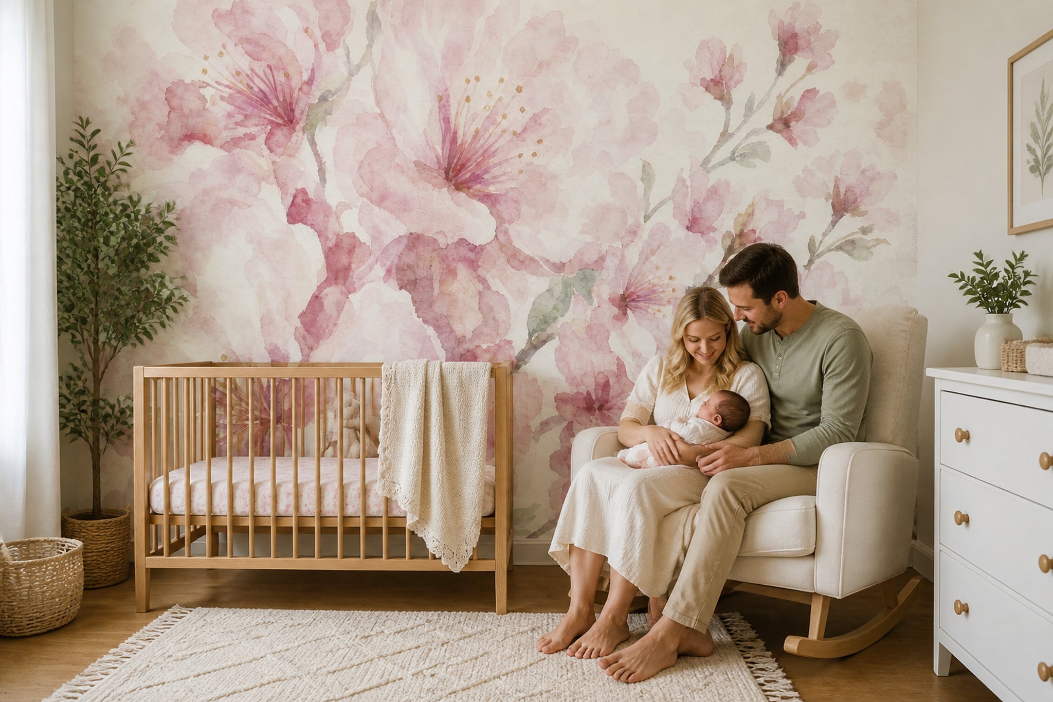 Watercolor Floral Wallpaper Pink Blossoms Cherry Blossom Wall Mural