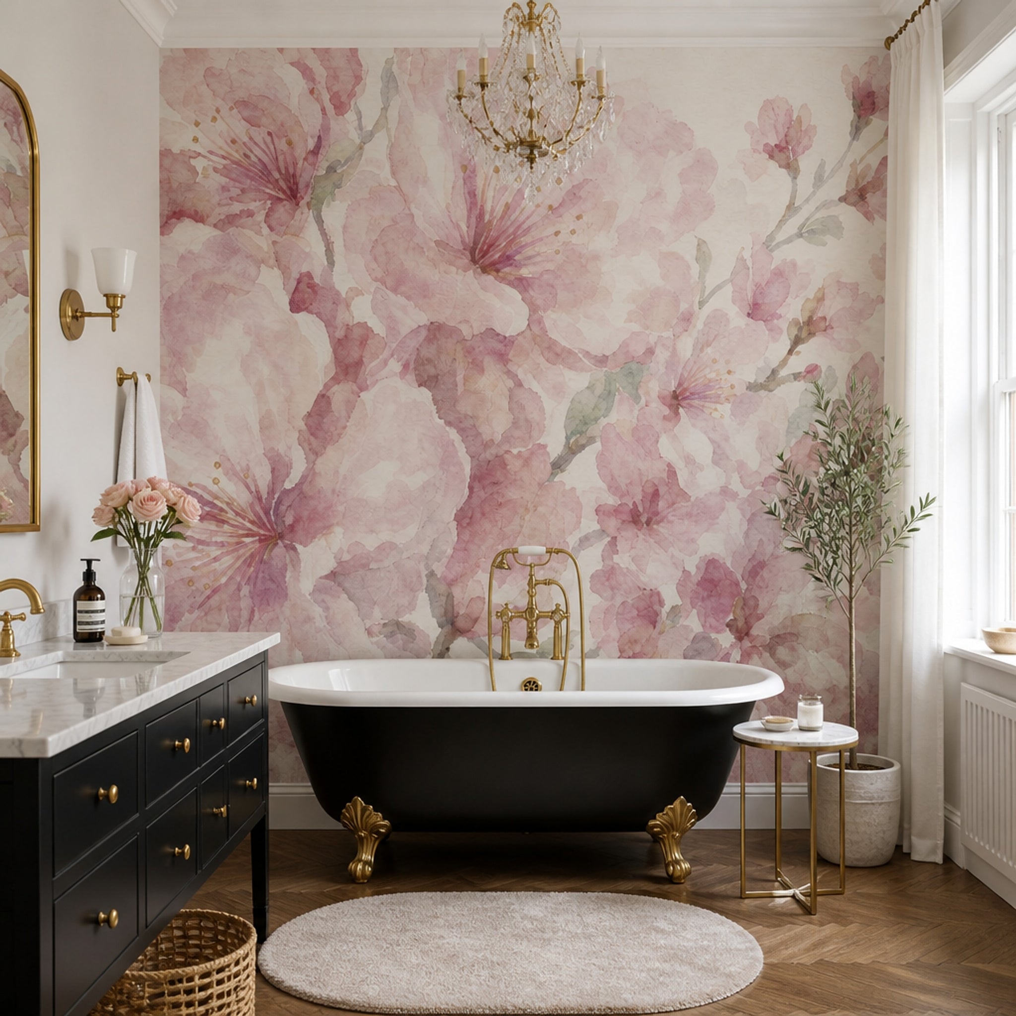 Watercolor Floral Wallpaper Pink Blossoms Cherry Blossom Wall Mural