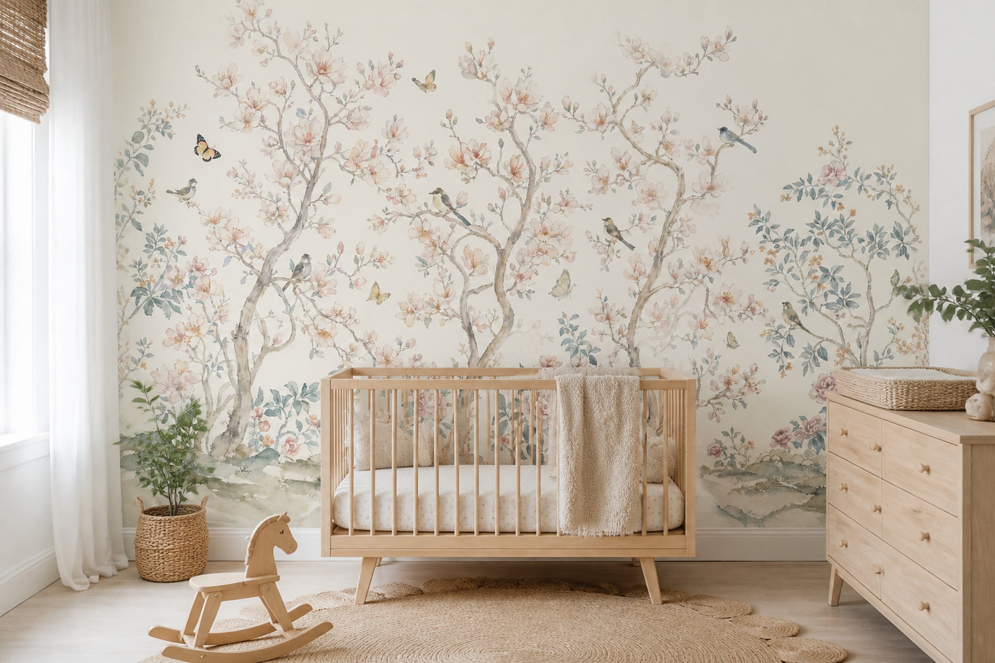 Chinoiserie Wallpaper Watercolor Blossom Trees Removable Wall Decor