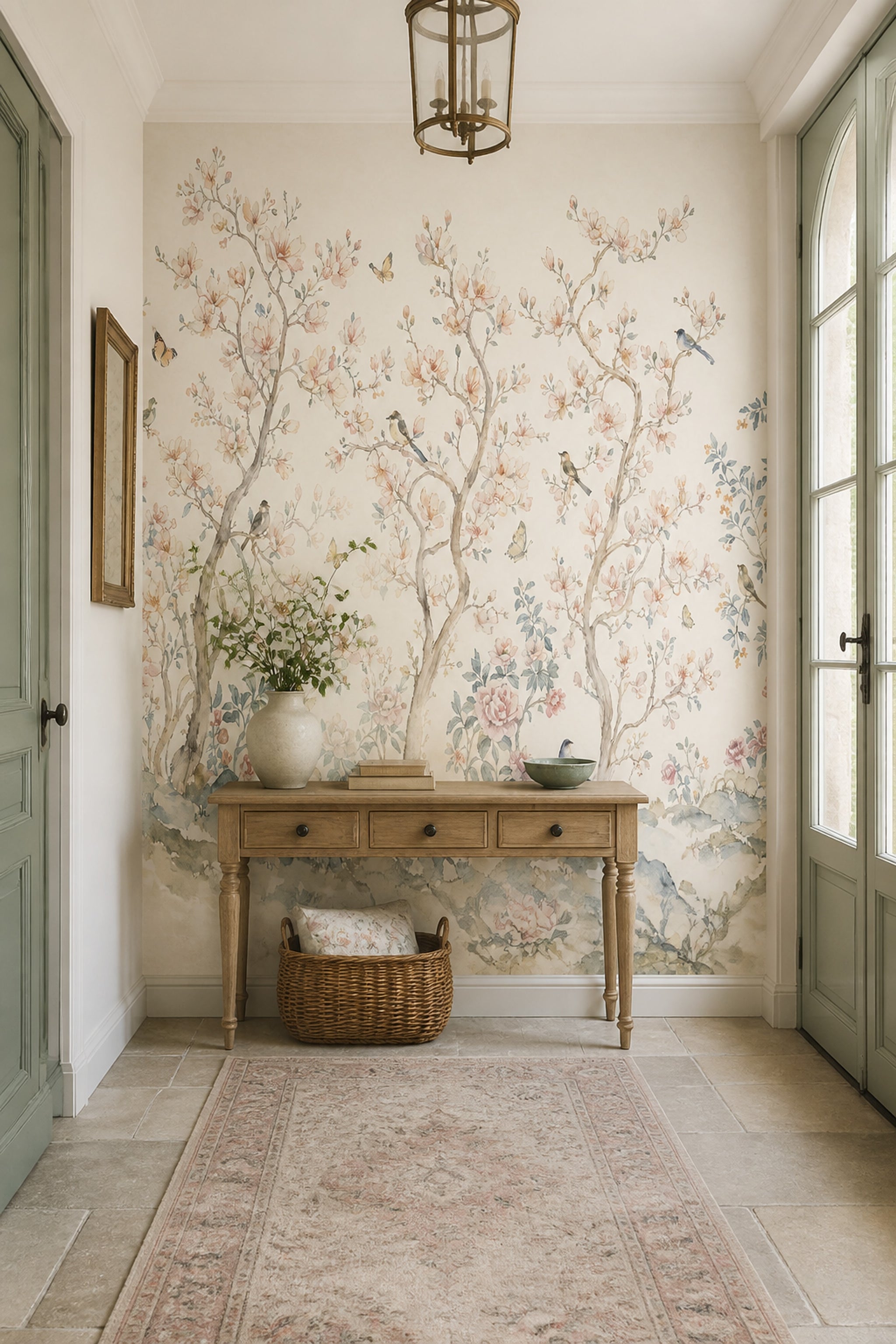 Chinoiserie Wallpaper Watercolor Blossom Trees Removable Wall Decor