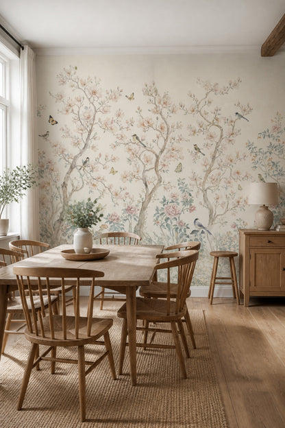 Chinoiserie Wallpaper Watercolor Blossom Trees Removable Wall Decor