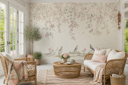 Pink Cherry Wallpaper Blossom Bird Wall Mural