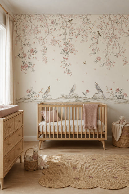 Pink Cherry Wallpaper Blossom Bird Wall Mural
