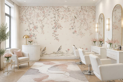 Pink Cherry Wallpaper Blossom Bird Wall Mural