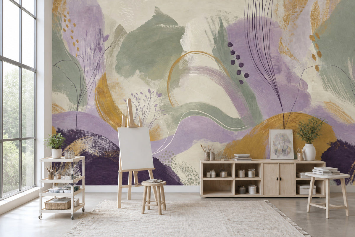 Abstract Botanical Wallpaper Painterly Pastel Wall Mural