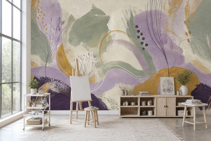 Abstract Botanical Wallpaper Painterly Pastel Wall Mural