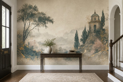 Muted Green Wallpaper Misty Mountains Stone Villa Wall Mural