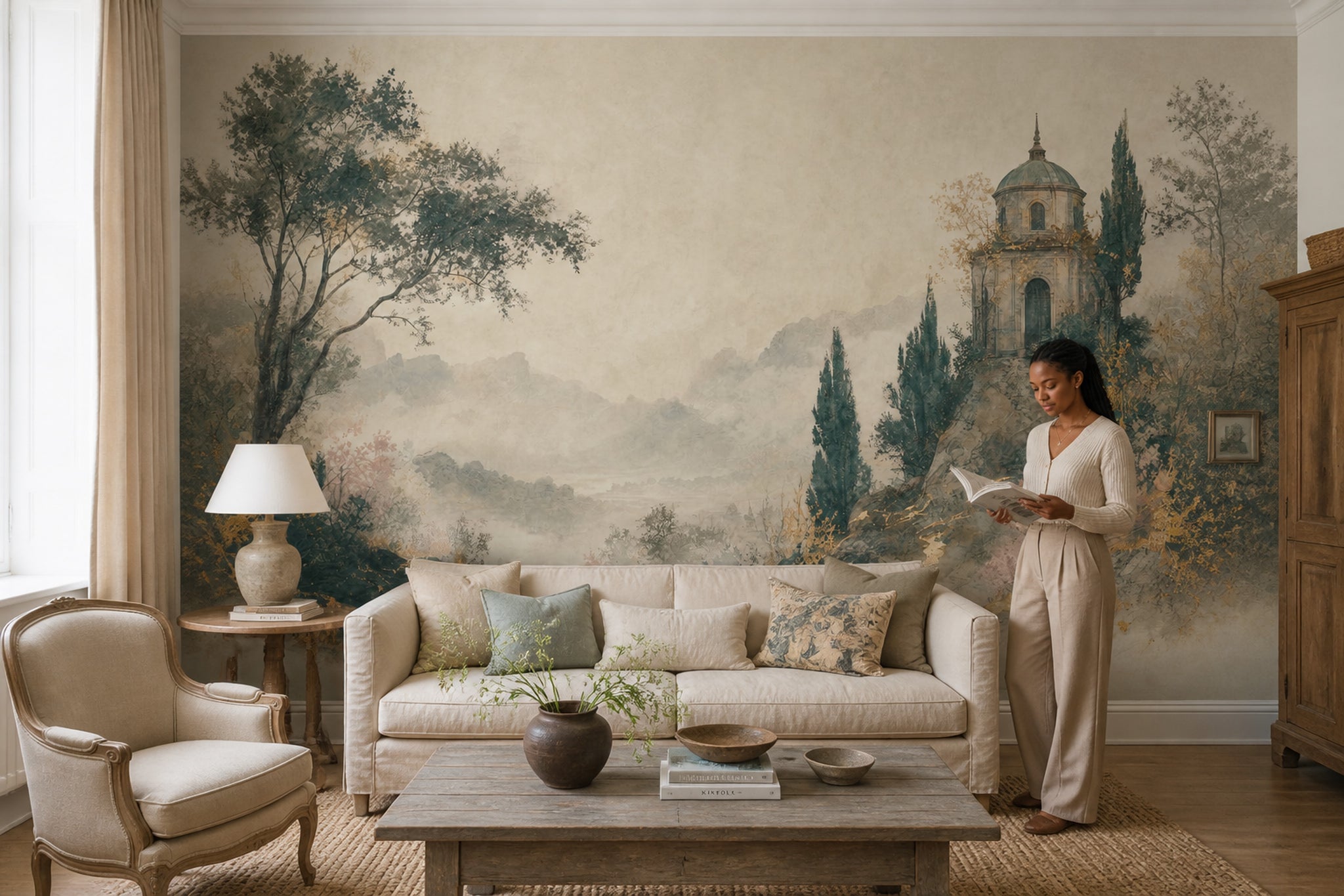 Muted Green Wallpaper Misty Mountains Stone Villa Wall Mural