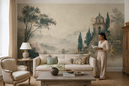 Muted Green Wallpaper Misty Mountains Stone Villa Wall Mural