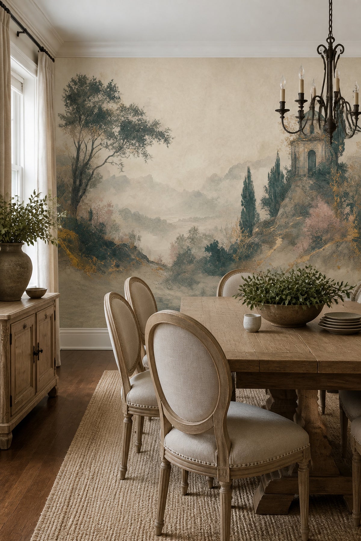 Muted Green Wallpaper Misty Mountains Stone Villa Wall Mural