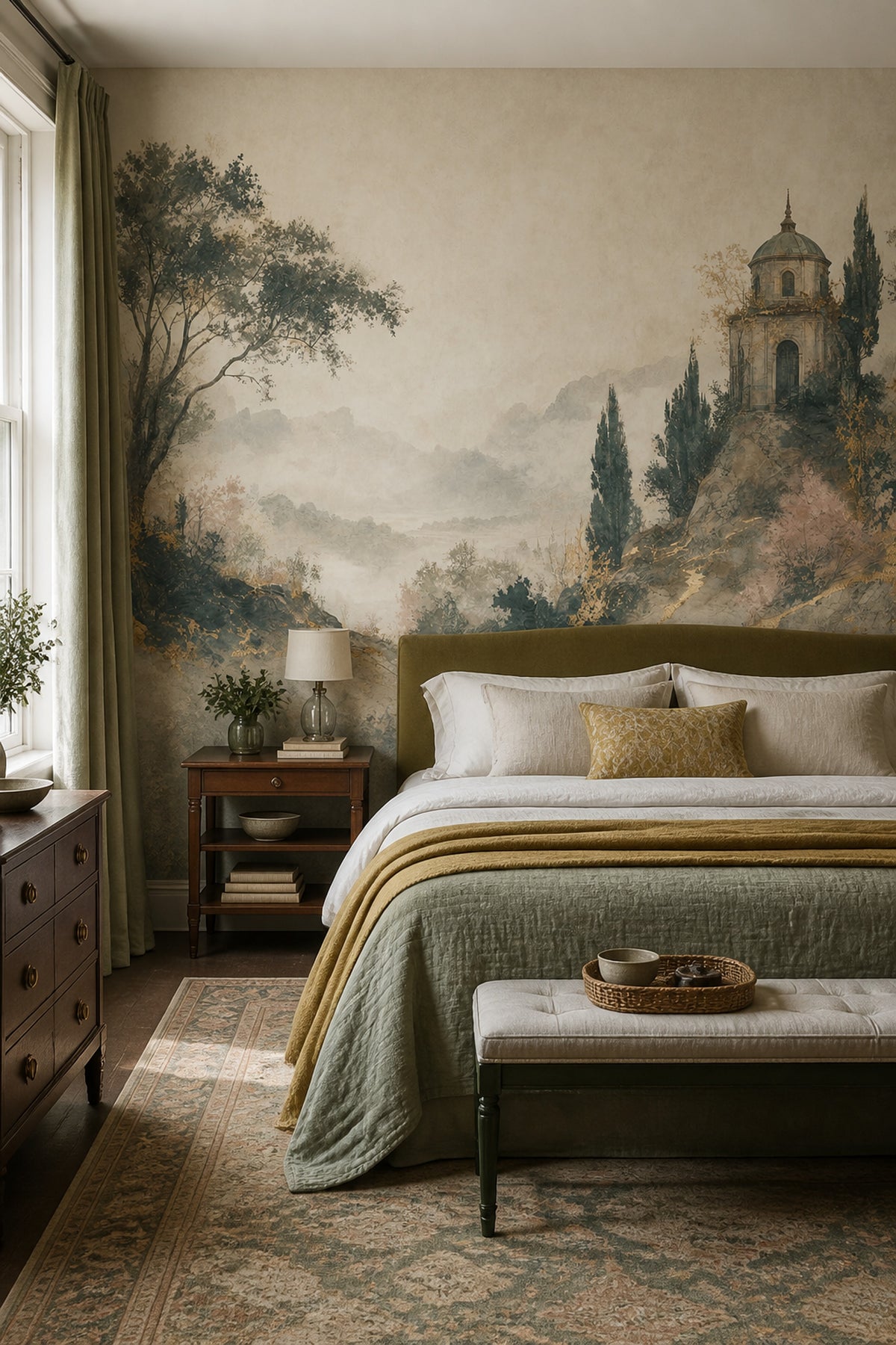 Muted Green Wallpaper Misty Mountains Stone Villa Wall Mural