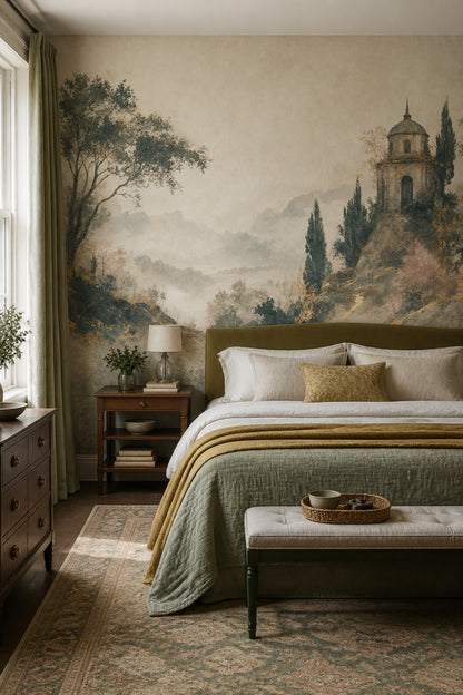Muted Green Wallpaper Misty Mountains Stone Villa Wall Mural