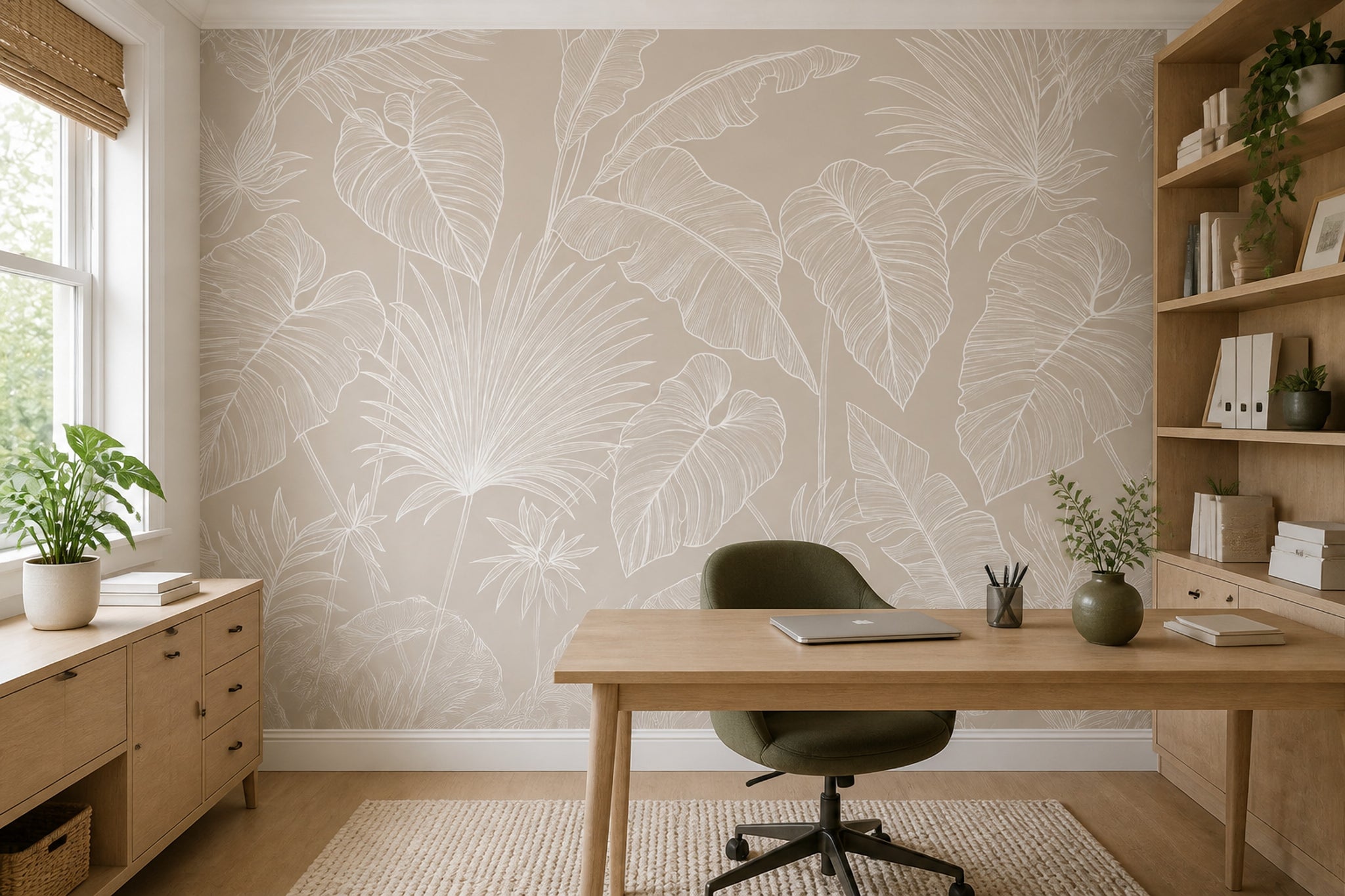 Tropical Leaves Wallpaper Botanical Removable Beige Background Wall Decor