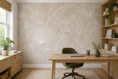 Tropical Leaves Wallpaper Botanical Removable Beige Background Wall Decor