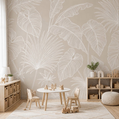 Tropical Leaves Wallpaper Botanical Removable Beige Background Wall Decor