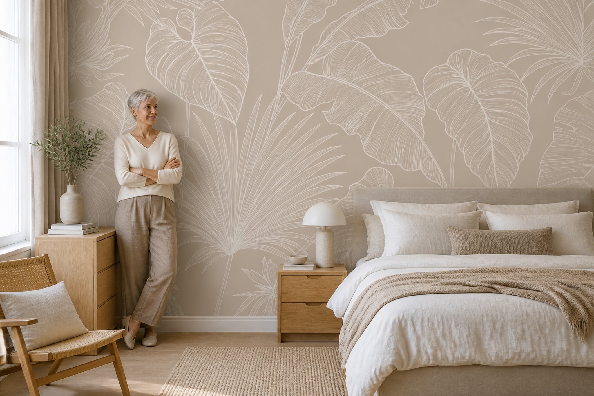 Tropical Leaves Wallpaper Botanical Removable Beige Background Wall Decor