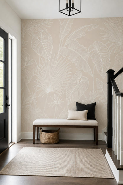 Tropical Leaves Wallpaper Botanical Removable Beige Background Wall Decor