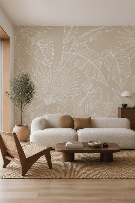 Tropical Leaves Wallpaper Botanical Removable Beige Background Wall Decor