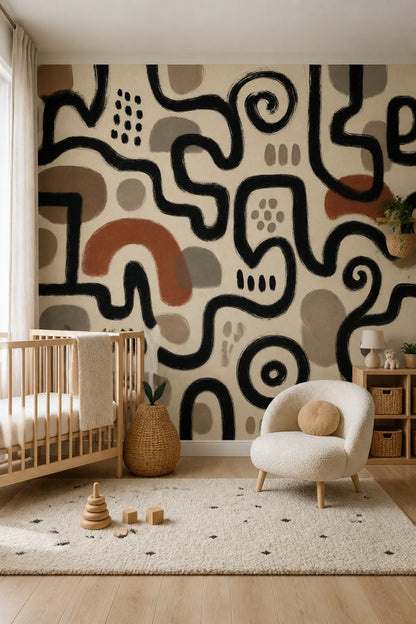 Black Linework Wallpaper Abstract Bohemian Removable Wall Decor