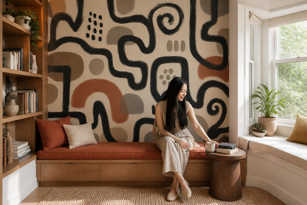 Black Linework Wallpaper Abstract Bohemian Removable Wall Decor