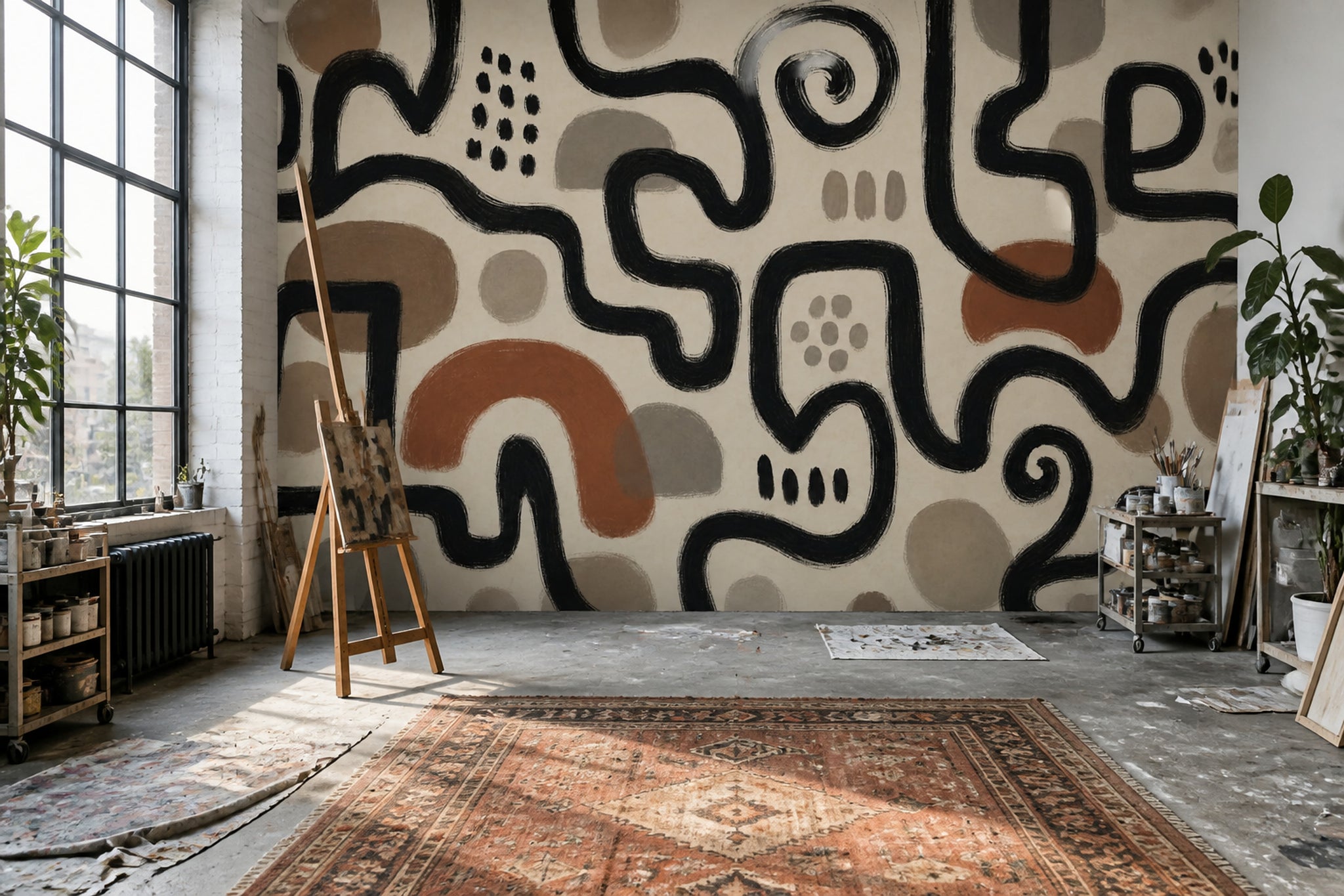 Black Linework Wallpaper Abstract Bohemian Removable Wall Decor