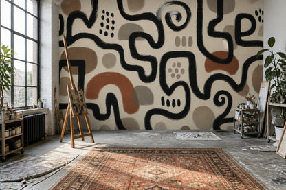 Black Linework Wallpaper Abstract Bohemian Removable Wall Decor