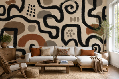 Black Linework Wallpaper Abstract Bohemian Removable Wall Decor