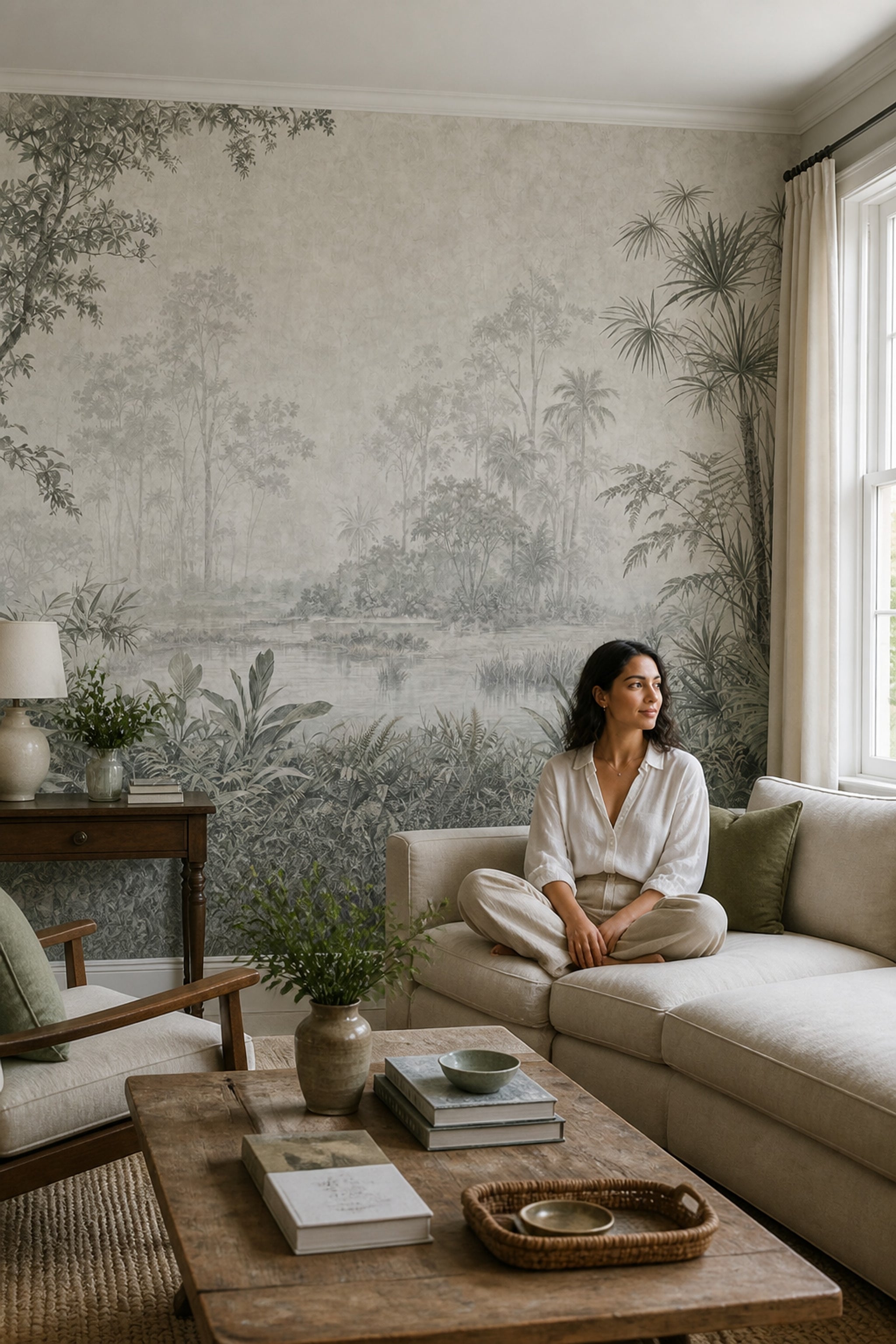Misty Forest Wallpaper Tropical Jungle Vintage Landscape Wall Mural