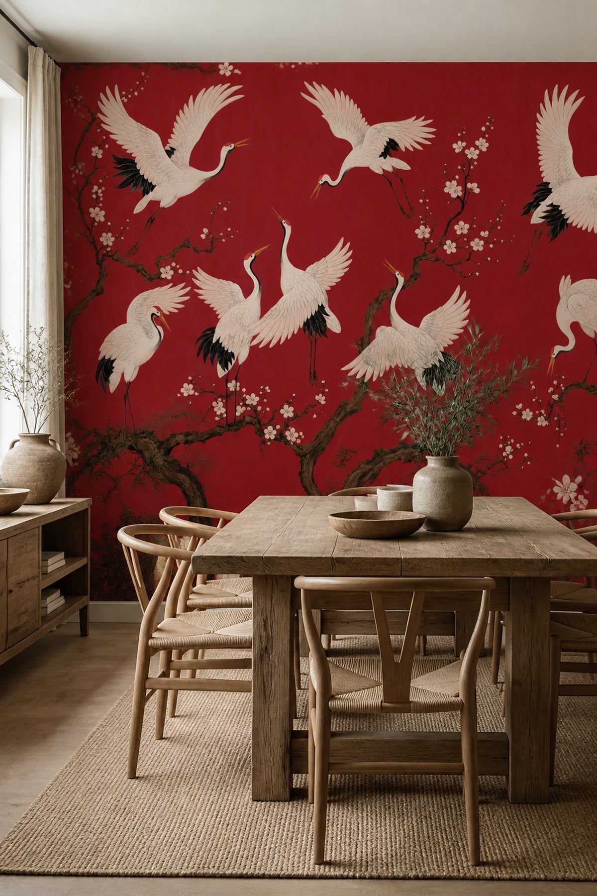 Cranes Wallpaper Cherry Blossoms Red Background Wall Mural
