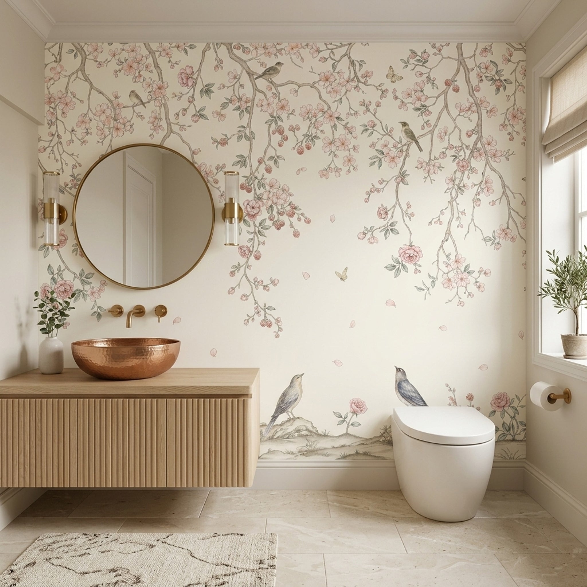 Pink Cherry Wallpaper Blossom Bird Wall Mural